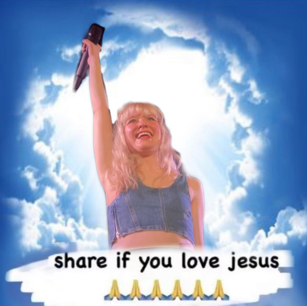 Cloudy background with a cutout of Maisie Peters and the text 'share if you love jusus and 6 pray hands emojis'